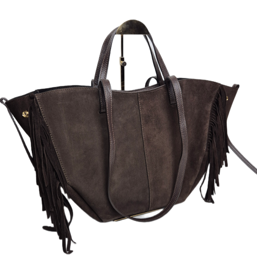 Laura Biaggi torebka damska typu shopper zamszowa brązowa czekoladowa z frędzlami skóra naturalna elegancka włoska torebka zamszowa typu shopper boho pojemna do pracy na co dzień TS116-54