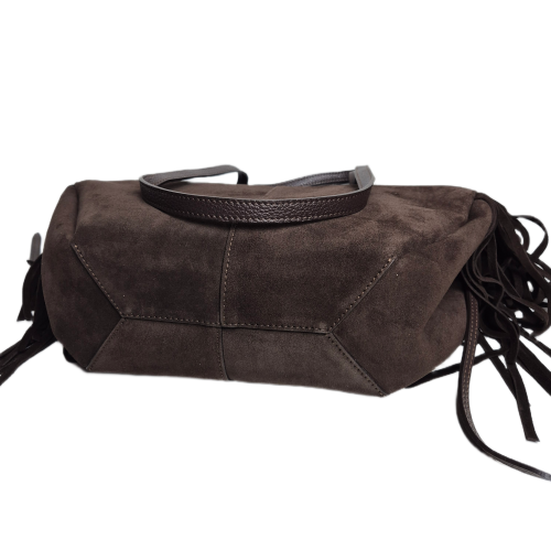 Laura Biaggi torebka damska typu shopper zamszowa brązowa czekoladowa z frędzlami skóra naturalna elegancka włoska torebka zamszowa typu shopper boho pojemna do pracy na co dzień TS116-54