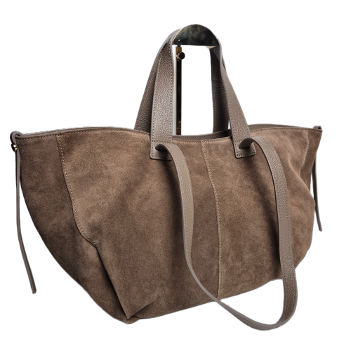 Laura Biaggi duża torebka typu shopper zamszowa beżowa taupe skóra naturalna włoska torebka damska shopper zamszowa pojemna do pracy na co dzień TS54-161