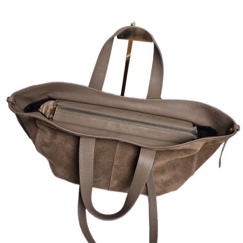 Laura Biaggi duża torebka typu shopper zamszowa beżowa taupe skóra naturalna włoska torebka damska shopper zamszowa pojemna do pracy na co dzień TS54-161