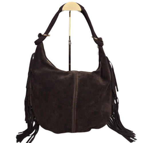 Laura Biaggi torebka damska worek zamszowy brązowy czekoladowy boho skórzany skóra naturalna zamszowa z frędzlami włoska brązowa torebka typu hobo bag pojemna do pracy na co dzień