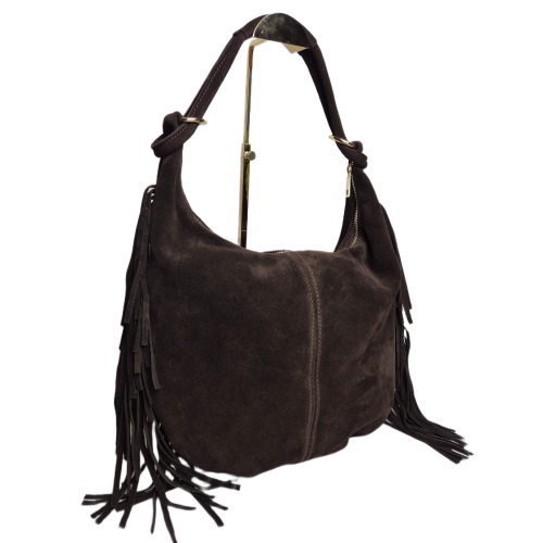 Laura Biaggi torebka damska worek zamszowy brązowy czekoladowy boho skórzany skóra naturalna zamszowa z frędzlami włoska brązowa torebka typu hobo bag pojemna do pracy na co dzień