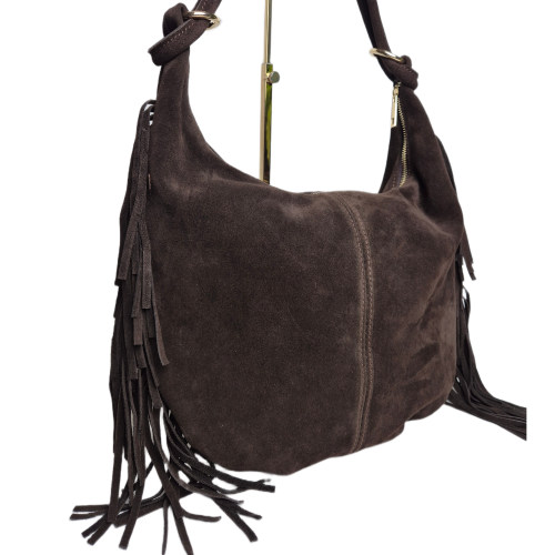 Laura Biaggi torebka damska worek zamszowy brązowy czekoladowy boho skórzany skóra naturalna zamszowa z frędzlami włoska brązowa torebka typu hobo bag pojemna do pracy na co dzień