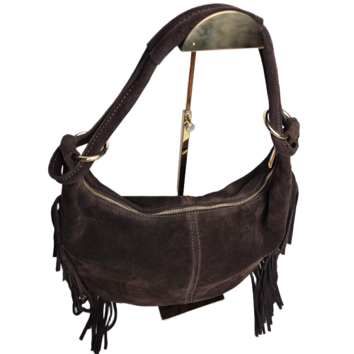 Laura Biaggi torebka damska worek zamszowy brązowy czekoladowy boho skórzany skóra naturalna zamszowa z frędzlami włoska brązowa torebka typu hobo bag pojemna do pracy na co dzień