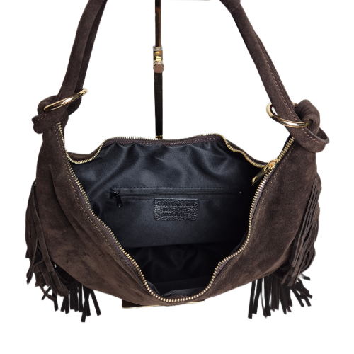 Laura Biaggi torebka damska worek zamszowy brązowy czekoladowy boho skórzany skóra naturalna zamszowa z frędzlami włoska brązowa torebka typu hobo bag pojemna do pracy na co dzień