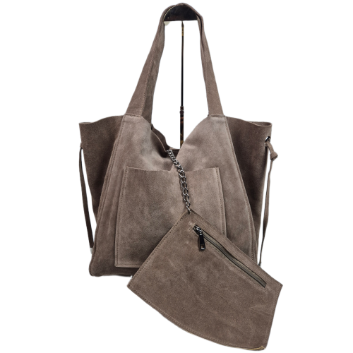 Laura Biaggi duża pojemna torebka shopper zamszowa beżowa taupe skóra naturalna zamszowa włoska torebka shopper worek TS107-75