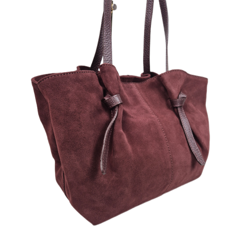 Laura Biaggi zamszowa torebka shopper z napami bordowa burgundowa skóra naturalna zamszowa włoska torebka shopperka pojemna na co dzień do pracy rozpinana TS05-101C