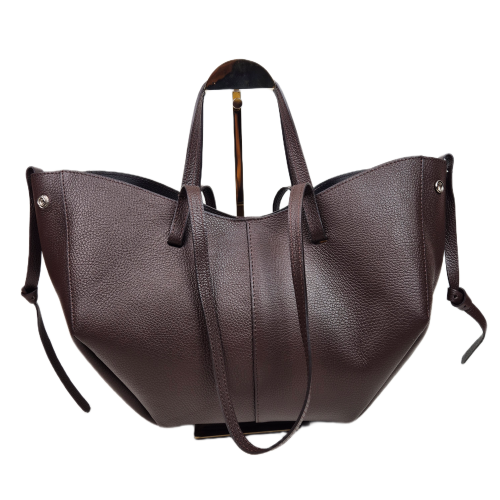 Laura Biaggi torebka damska typu shopper z napami skóra naturalna brązowa czekoladowa elegancka włoska torebka mini shopper z kosmetyczką rozpinana do pracy na co dzień TS112-14