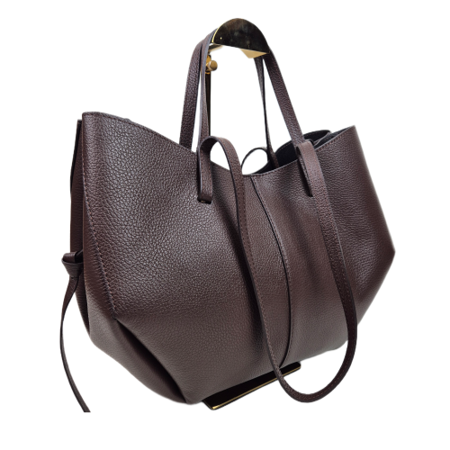 Laura Biaggi torebka damska typu shopper z napami skóra naturalna brązowa czekoladowa elegancka włoska torebka mini shopper z kosmetyczką rozpinana do pracy na co dzień TS112-14
