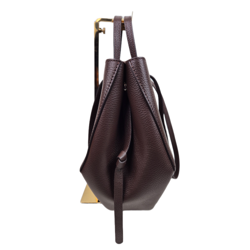 Laura Biaggi torebka damska typu shopper z napami skóra naturalna brązowa czekoladowa elegancka włoska torebka mini shopper z kosmetyczką rozpinana do pracy na co dzień TS112-14