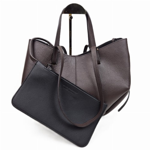 Laura Biaggi torebka damska typu shopper z napami skóra naturalna brązowa czekoladowa elegancka włoska torebka mini shopper z kosmetyczką rozpinana do pracy na co dzień TS112-14