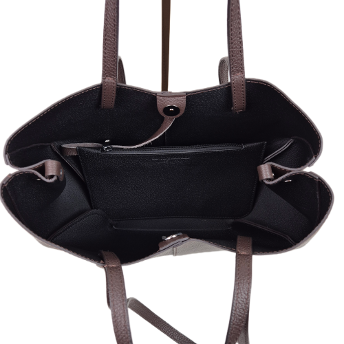 Laura Biaggi torebka damska typu shopper z napami skóra naturalna brązowa czekoladowa elegancka włoska torebka mini shopper z kosmetyczką rozpinana do pracy na co dzień TS112-14