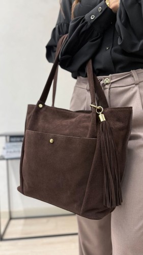 Laura Biaggi torebka damska typu shopper zamszowa skóra naturalna brązowa czekoladowa elegancka pojemna włoska torebka shopper do pracy na co dzień TS-AB926