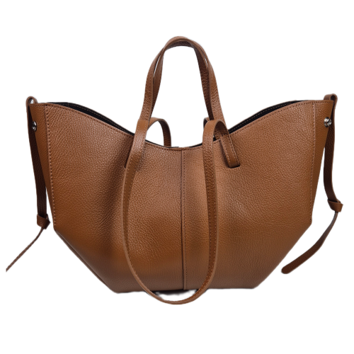 Laura Biaggi torebka damska typu shopper z napami skóra naturalna brązowa karmelowa elegancka włoska torebka mini shopper z kosmetyczką rozpinana do pracy na co dzień TS112-14
