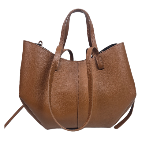 Laura Biaggi torebka damska typu shopper z napami skóra naturalna brązowa karmelowa elegancka włoska torebka mini shopper z kosmetyczką rozpinana do pracy na co dzień TS112-14