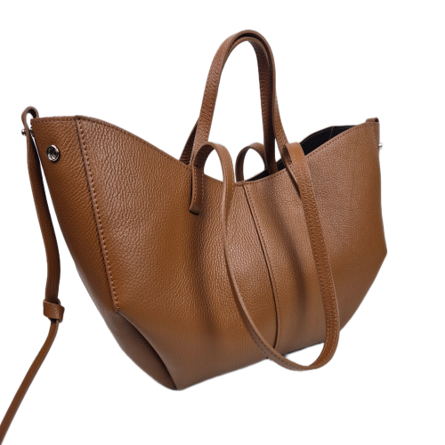 Laura Biaggi torebka damska typu shopper z napami skóra naturalna brązowa karmelowa elegancka włoska torebka mini shopper z kosmetyczką rozpinana do pracy na co dzień TS112-14