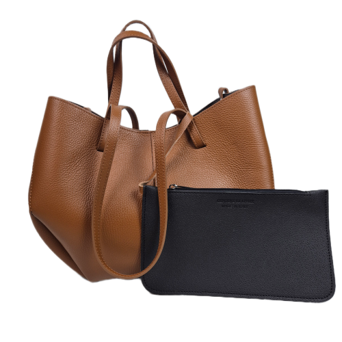 Laura Biaggi torebka damska typu shopper z napami skóra naturalna brązowa karmelowa elegancka włoska torebka mini shopper z kosmetyczką rozpinana do pracy na co dzień TS112-14