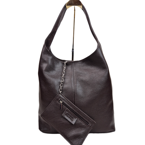 Laura Biaggi torebka damska worek skórzany brązowa czekoladowa choco skóra naturalna licowa z saszetką włoska torebka typu hobo bag pojemna do pracy na co dzień