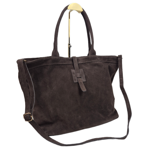 Borse in Pelle zamszowa torebka shopper skóra naturalna brązowa czekoladowa choco elegancka włoska torebka zamszowa typu shopper