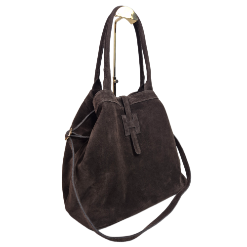 Borse in Pelle zamszowa torebka shopper skóra naturalna brązowa czekoladowa choco elegancka włoska torebka zamszowa typu shopper