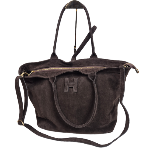 Borse in Pelle zamszowa torebka shopper skóra naturalna brązowa czekoladowa choco elegancka włoska torebka zamszowa typu shopper