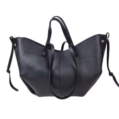 Laura Biaggi torebka damska typu shopper z napami skóra naturalna czarna elegancka włoska torebka mini shopper rozpinana do pracy na co dzień TS112-14