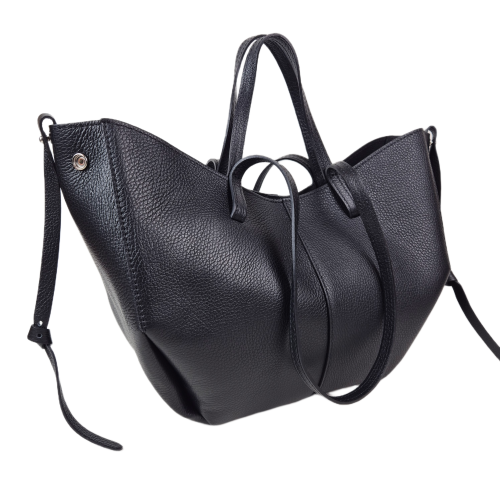 Laura Biaggi torebka damska typu shopper z napami skóra naturalna czarna elegancka włoska torebka mini shopper rozpinana do pracy na co dzień TS112-14