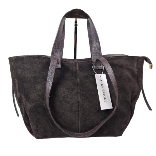 Laura Biaggi torebka damska typu shopper zamszowa skóra naturalna brązowa czekoladowa elegancka pojemna włoska torebka shopper do pracy na co dzień TS54-161