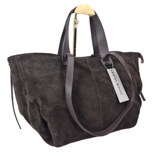 Laura Biaggi torebka damska typu shopper zamszowa skóra naturalna brązowa czekoladowa elegancka pojemna włoska torebka shopper do pracy na co dzień TS54-161