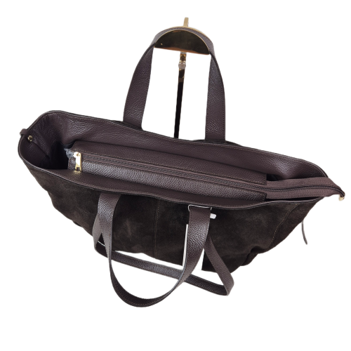 Laura Biaggi torebka damska typu shopper zamszowa skóra naturalna brązowa czekoladowa elegancka pojemna włoska torebka shopper do pracy na co dzień TS54-161