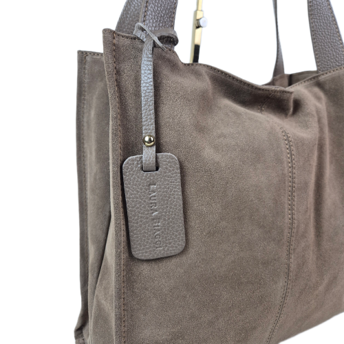 Laura Biaggi torebka shopper zamszowa beżowa taupe brązowa skóra naturalna włoska torebka shopper do pracy na co dzień do pracy TS54-65