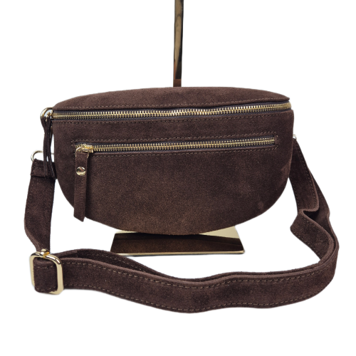 Laura Biaggi, duża zamszowa nerka skórzana brązowa czekoladowa skóra naturalna zamszowa włoska torebka damska listonoszka crossbody TS04-505
