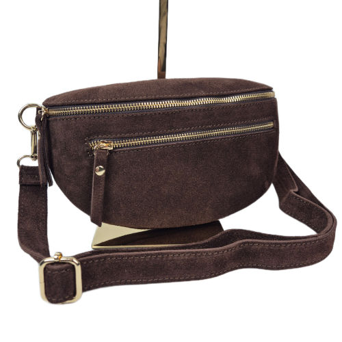 Laura Biaggi, duża zamszowa nerka skórzana brązowa czekoladowa skóra naturalna zamszowa włoska torebka damska listonoszka crossbody TS04-505