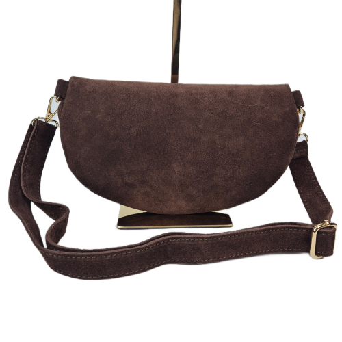 Laura Biaggi, duża zamszowa nerka skórzana brązowa czekoladowa skóra naturalna zamszowa włoska torebka damska listonoszka crossbody TS04-505