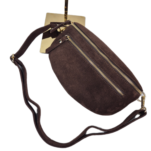 Laura Biaggi, duża zamszowa nerka skórzana brązowa czekoladowa skóra naturalna zamszowa włoska torebka damska listonoszka crossbody TS04-505