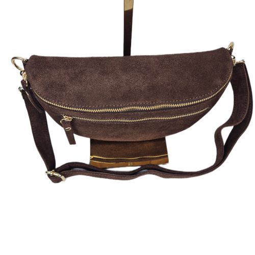 Laura Biaggi, duża zamszowa nerka skórzana brązowa czekoladowa skóra naturalna zamszowa włoska torebka damska listonoszka crossbody TS04-505