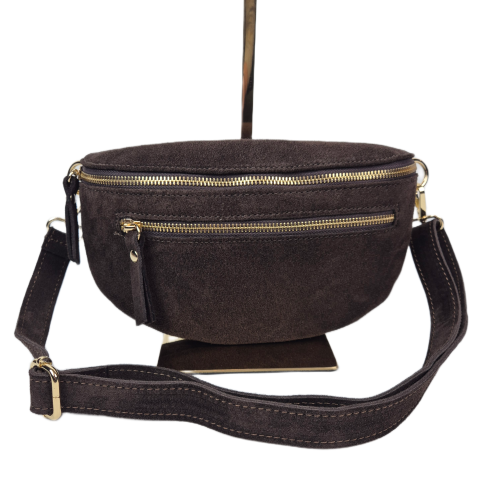 Laura Biaggi, duża zamszowa nerka skórzana brązowa czekoladowa skóra naturalna zamszowa włoska torebka damska listonoszka crossbody TS04-505