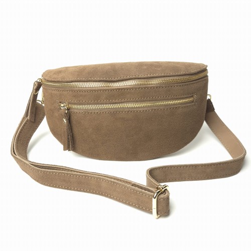 Laura Biaggi, duża zamszowa nerka skórzana brązowa taupe skóra naturalna zamszowa włoska torebka damska listonoszka crossbody TS04-505