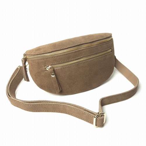 Laura Biaggi, duża zamszowa nerka skórzana brązowa taupe skóra naturalna zamszowa włoska torebka damska listonoszka crossbody TS04-505