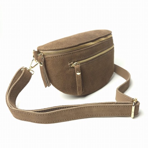 Laura Biaggi, duża zamszowa nerka skórzana brązowa taupe skóra naturalna zamszowa włoska torebka damska listonoszka crossbody TS04-505