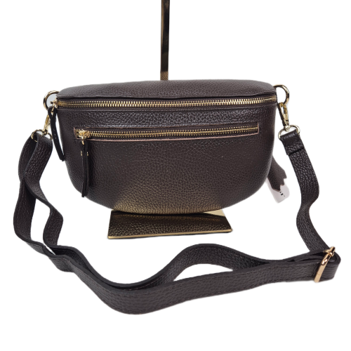 Laura Biaggi, duża skórzana nerka skórzana brązowa czekoladowa skóra naturalna licowa włoska torebka damska listonoszka crossbody TS04-505