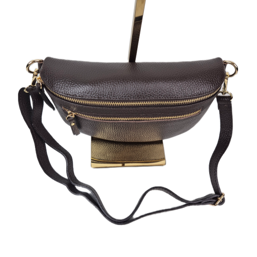 Laura Biaggi, duża skórzana nerka skórzana brązowa czekoladowa skóra naturalna licowa włoska torebka damska listonoszka crossbody TS04-505