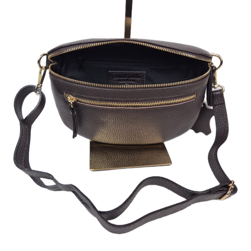 Laura Biaggi, duża skórzana nerka skórzana brązowa czekoladowa skóra naturalna licowa włoska torebka damska listonoszka crossbody TS04-505