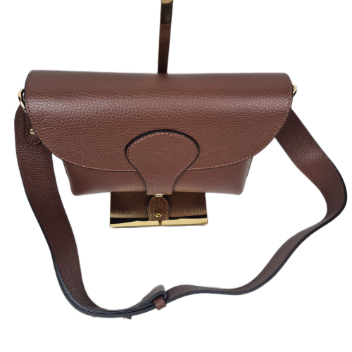 Vera Pelle mała brązowa torebka listonoszka skórzana karmelowa czekoladowa instagramka włoska torebka crossbody saszetka skóra naturalna licowa