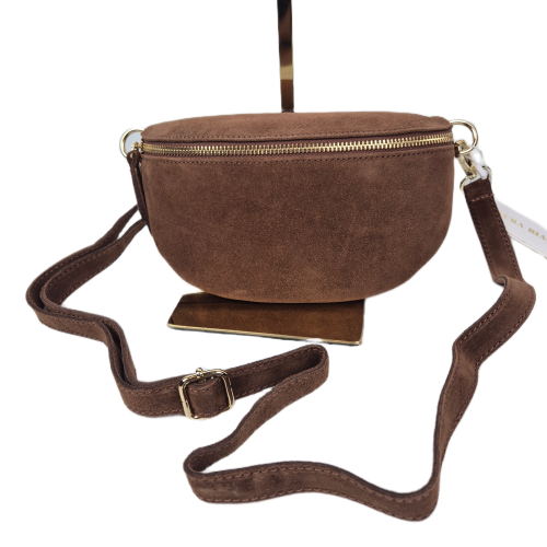 Laura Biaggi, mała zamszowa nerka skórzana brązowa skóra naturalna zamszowa mała włoska torebka damska listonoszka crossbody TS13-812c