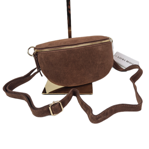 Laura Biaggi, mała zamszowa nerka skórzana brązowa skóra naturalna zamszowa mała włoska torebka damska listonoszka crossbody TS13-812c