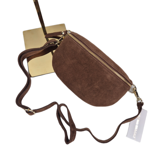 Laura Biaggi, mała zamszowa nerka skórzana brązowa skóra naturalna zamszowa mała włoska torebka damska listonoszka crossbody TS13-812c