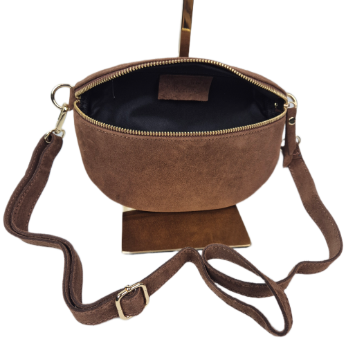 Laura Biaggi, mała zamszowa nerka skórzana brązowa skóra naturalna zamszowa mała włoska torebka damska listonoszka crossbody TS13-812c