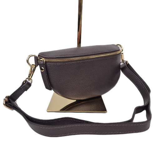 Laura Biaggi, mała nerka skórzana brązowa czekoladowa skóra naturalna licowa mała włoska torebka damska listonoszka crossbody TS13-812c