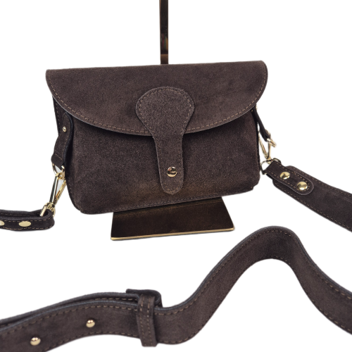 Vera Pelle torebka damska mała skórzana zamszowa czekoladowa brązowa skóra naturalna włoska na codzień crossbody nerka pojemna z paskiem casual viral